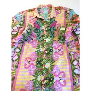 Antica Sartoria Flamingo Beaded Shirt Blouse 2X Cotton Button Up Boho Chic Beach